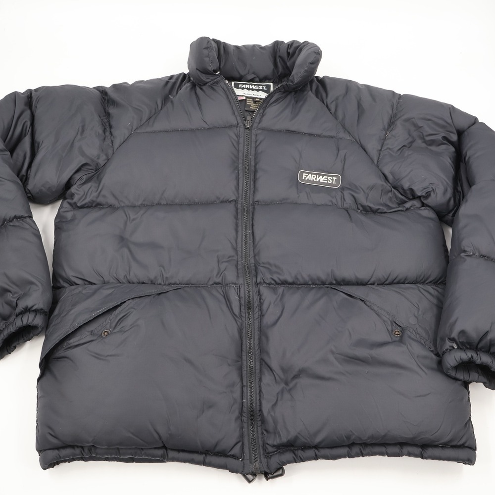Farwest Puffer Jacket Mens Medium Black Vintage Duck Down Quilted Made in USA